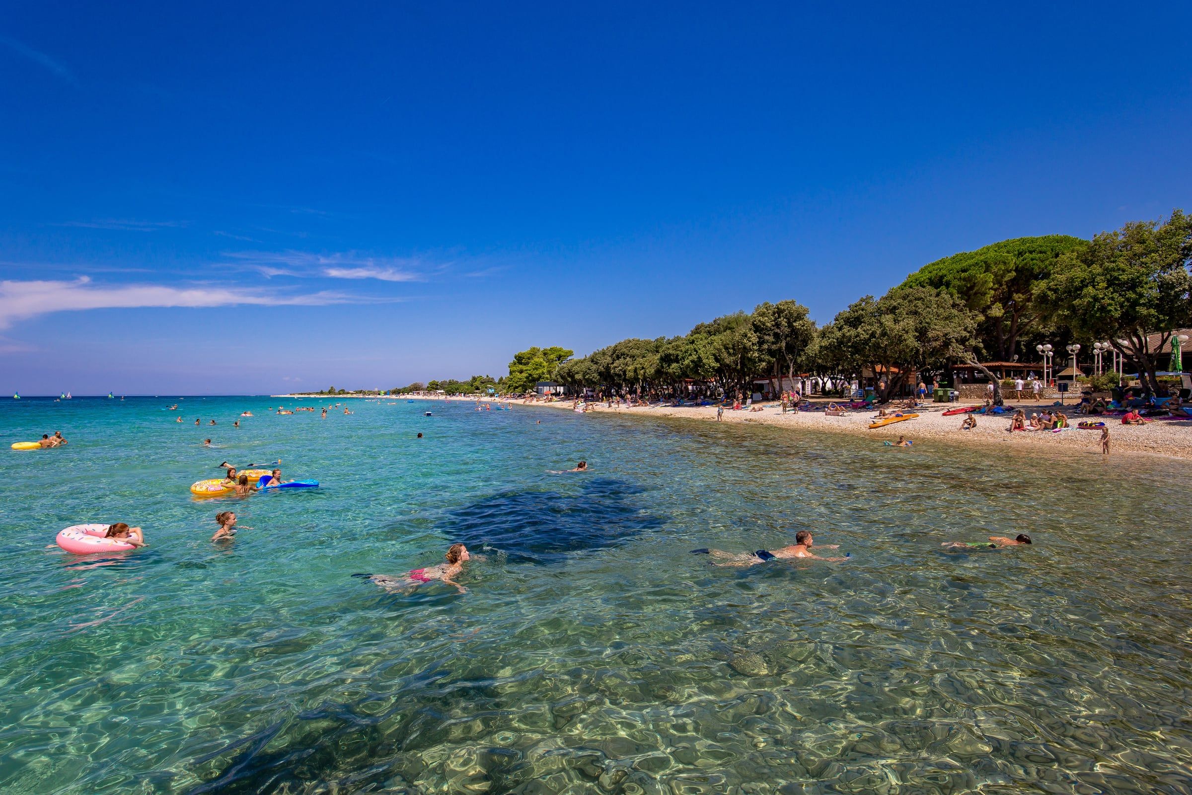 Plaža kampa Straško: plićak s pijeskom, kupači i hrastova šuma uz obalu